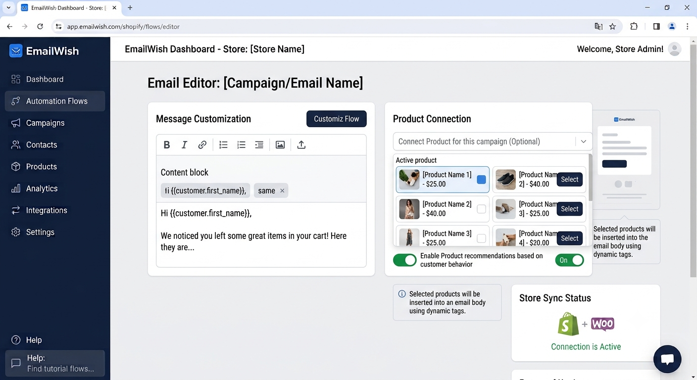 A screenshot of the EmailWish dashboard's email editor, displaying a rich text editor for a "Message Customization" section and a "Product Connection" module with selectable products and dynamic tag integration instructions.